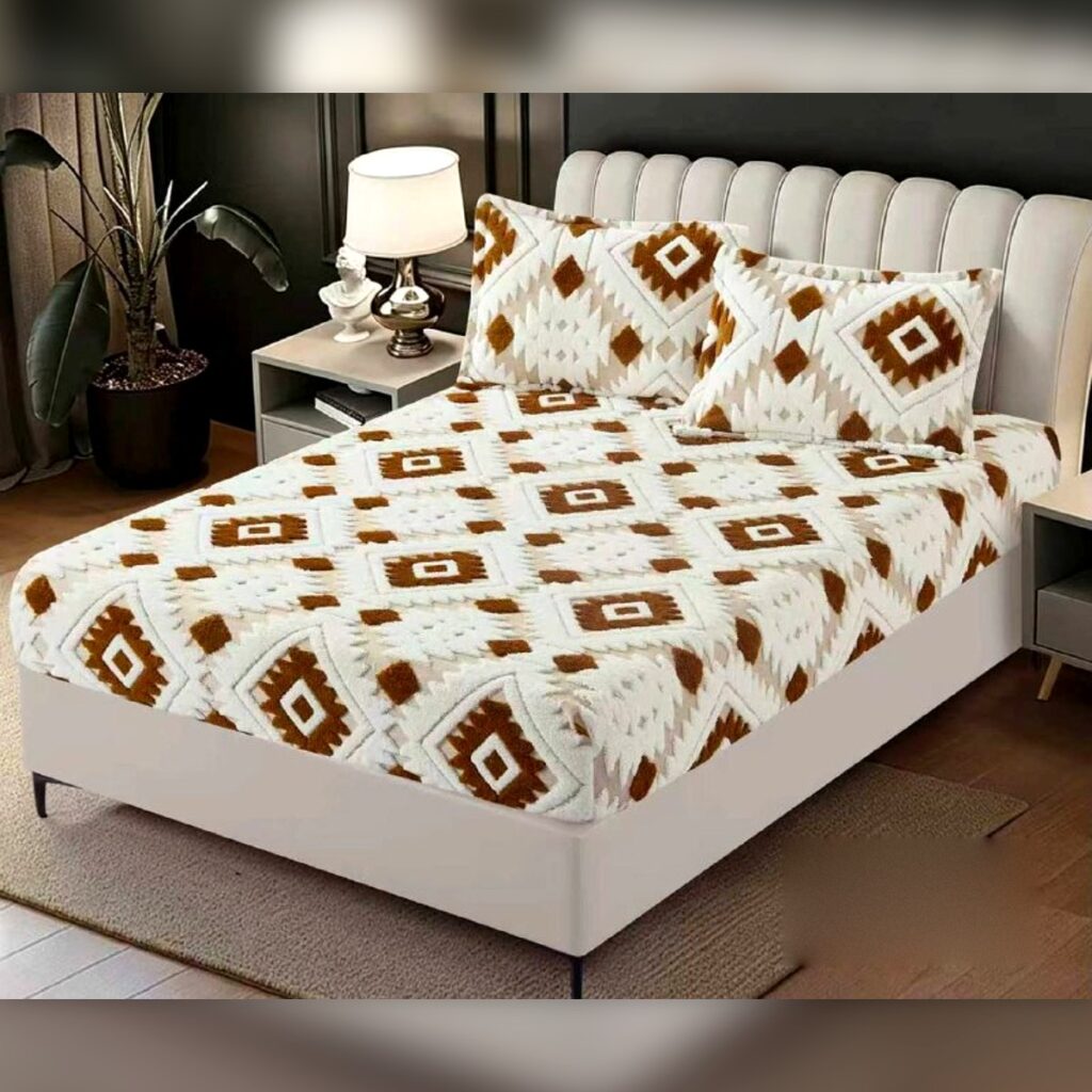 Parure drap-housse tricot géométrique 3 pièces 200×160 Marron - ملاية تريكو لاستيك بنقشة هندسية 3 قطع 200×160